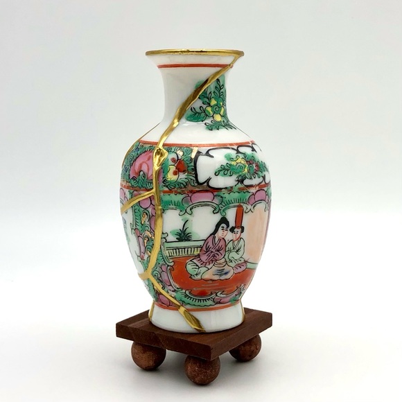 Chinese Famile Rose Kintsugi Vase Vintage Marked Gold Crack Japanese Growth Gift - Picture 9 of 14